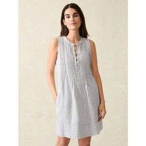 Faherty Isha Stripe Linen Button Neck Shirt Dress Pockets Size S